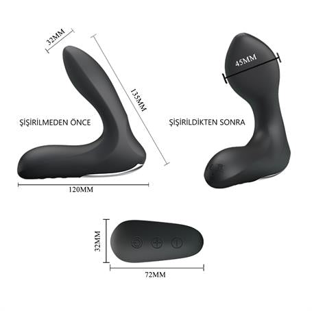 USB Şarjlı Uzaktan Kumandalı 12 Modlu Şişirilebilir Titreşimli Prostat Vibratör ve Anal Plug Siyah